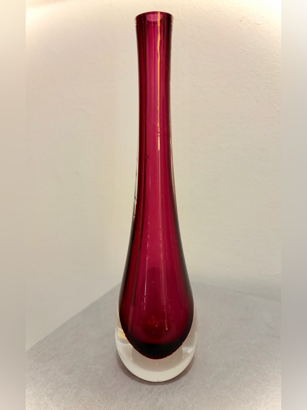 Murano Sommerso Style Art Glass Vase Clear Over Ruby Red Vintage MCM